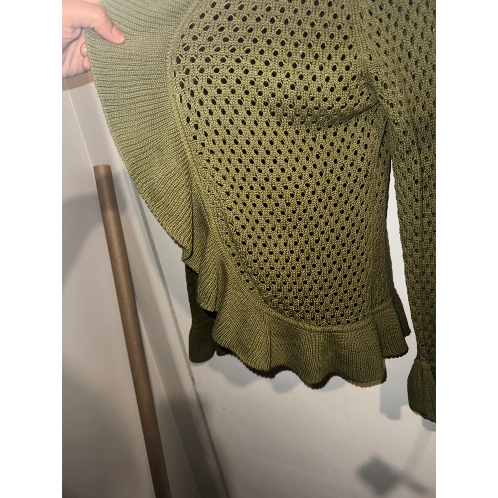 Vtg Y2K Olive Green Ruffle Knit Open Front Cardigan XL 16/18 Boho Hippie Fairy - Picture 5 of 8